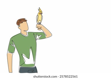 Single continuous line drawing white cockatiel bird perched on hand of man. Birds resulting from genetic mutations. The little crested parrot. Man Holding Bird. One line design vector illustration