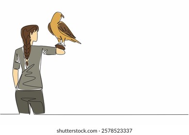 Single continuous line drawing white and beige falcon bird perched on hand of woman. A bird of prey that is reliable in all conditions. Claws. Woman Holding Bird. One line design vector illustration