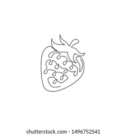 Single continuous line drawing of whole healthy organic strawberry for orchard logo identity. Fresh berry concept for fruit garden icon. Modern one line draw design graphic vector illustration