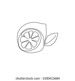 Single continuous line drawing of whole and sliced healthy organic lemon for orchard logo identity. Fresh zest fruitage concept for fruit garden icon. Modern one line draw design vector illustration