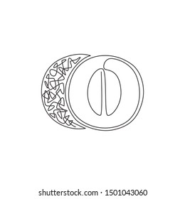 Single continuous line drawing of whole and half sliced healthy organic melon for orchard logo identity. Fresh fruitage concept for fruit garden icon. Modern one line draw design vector illustration