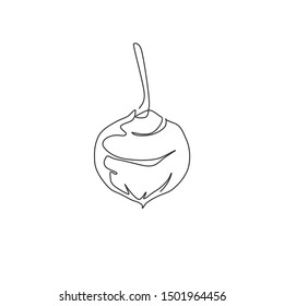 Single continuous line drawing of whole healthy organic jicama for orchard logo identity. Fresh yam vegetable concept for vegan farm icon. Modern one line draw design vector graphic illustration