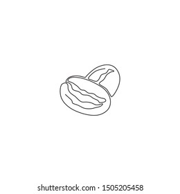 Single continuous line drawing of whole healthy organic coffee bean for cafe logo identity. Fresh aromatic been concept for coffee shop icon. Modern one line draw design vector graphic illustration