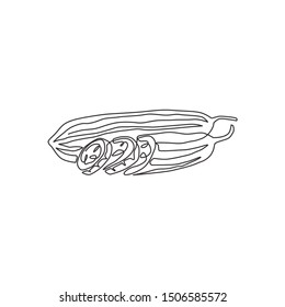 Single continuous line drawing of whole and sliced healthy organic sponge gourd for logo identity. Fresh Vietnamese luffa concept for vegetable icon. Modern one line draw design vector illustration