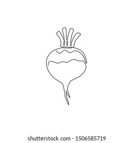 Single continuous line drawing of whole healthy organic white turnip for plantation logo identity. Fresh veggie concept for root vegetable icon. Modern one line draw design vector graphic illustration