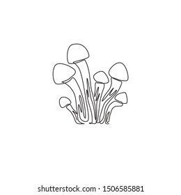 Single continuous line drawing of whole healthy organic mushrooms for farm logo identity. Fresh toadstool concept for vegetable icon. Modern one line draw design vector graphic illustration