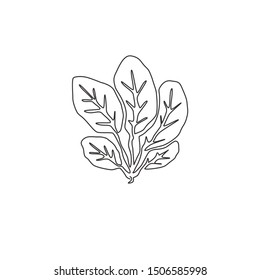 Dibujo de línea continua de hojas de espinaca verde orgánica enteras para la identidad del logotipo de la granja. Nuevo concepto de floración verde para ícono de planta. Ilustración vectorial de diseño de tracción de una línea moderna