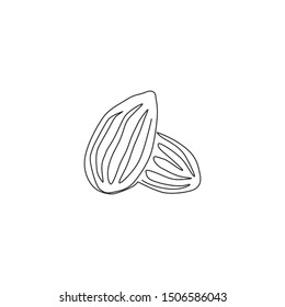 Single continuous line drawing of whole healthy organic almonds group for orchard logo identity. Fresh edible seed concept for fruit icon. Modern one line draw design vector graphic illustration