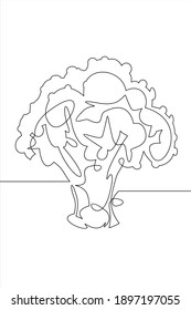 Single continuous line drawing whole healthy organic green broccoli for farm logo identity. Fresh edible green plant concept for vegetable icon