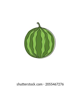 Single continuous line drawing of whole healthy organic watermelon for orchard logo identity. Fresh fruitage concept for fruit garden icon. Modern one line graphic draw design vector illustration