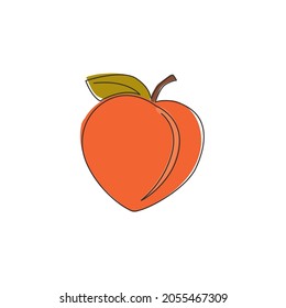 Single continuous line drawing of whole healthy organic peach for orchard logo identity. Fresh fruitage concept for fruit garden icon. Modern one line draw graphic design vector illustration