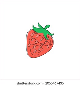Single continuous line drawing of whole healthy organic strawberry for orchard logo identity. Fresh berry concept for fruit garden icon. Modern one line draw design graphic vector illustration