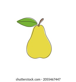 Single continuous line drawing of whole healthy organic pear for orchard logo identity. Fresh summer fruitage concept for fruit garden icon. Modern one line draw design vector graphic illustration