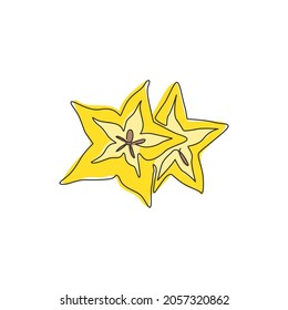 Single continuous line drawing of whole healthy organic starfruit for orchard logo identity. Fresh star fruit concept for garden icon. Modern one line draw graphic design vector illustration