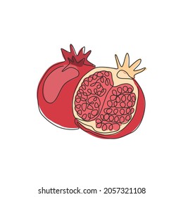 Single continuous line drawing of whole and half sliced healthy organic pomegranate for orchard logo identity. Fresh seed concept for fruit garden icon. Modern one line draw design vector illustration
