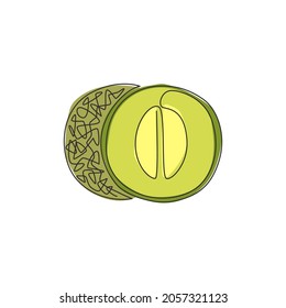 Einmaliges, durchlaufendes Zeichnen von gesunder und gesunder Melone im Ganzen und in halben Scheiben für die Identität des Obstgartenlogos. Frisches Fruchtkonzept für Obstgarten Ikone. Modernes Einzeilendesign, Vektorgrafik