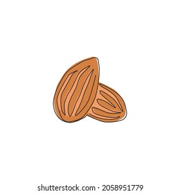 Single continuous line drawing of whole healthy organic almonds group for orchard logo identity. Fresh edible seed concept for fruit icon. Modern one line draw design vector graphic illustration