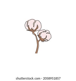 Single continuous line drawing of whole soft and fluffy cotton flower for farming logo identity. Staple fiber flower concept for garden icon. Modern one line draw design graphic vector illustration