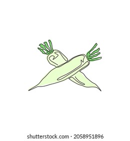 Einmaliges, durchlaufendes Zeichnen von gesundem, weißem Bio-Rack für die Identität des landwirtschaftlichen Logos. Frische japanische Daikon-Konzept für Gemüsesymbol. Modern One-Line-Zeichendesign, Vektorgrafik