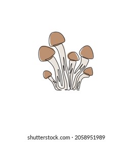 Single continuous line drawing of whole healthy organic mushrooms for farm logo identity. Fresh toadstool concept for vegetable icon. Modern one line draw design vector graphic illustration