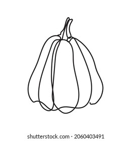 Single continuous line drawing of whole big round healthy organic pumpkin for orchard logo identity. Fresh fall fruitage concept for fruit garden icon. Modern one line draw design vector illustration