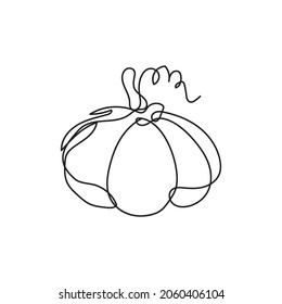 Single continuous line drawing of whole big round healthy organic pumpkin for orchard logo identity. Fresh fall fruitage concept for fruit garden icon. Modern one line draw design vector illustration