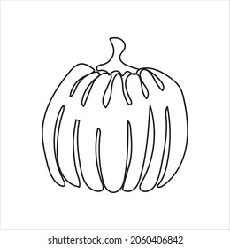 Single continuous line drawing of whole big round healthy organic pumpkin for orchard logo identity. Fresh fall fruitage concept for fruit garden icon. Modern one line draw design vector illustration