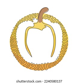 Single continuous line drawing whole healthy organic paprika for plantation logo identity. Fresh bell pepper for fruit vegetable icon. Swirl curl circle background style. One line draw design vector