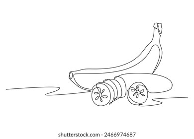 Single continuous line drawing whole and slice healthy organic banana for orchard logo identity. Fresh tropical fruitage concept for fruit garden icon. One line draw graphic design vector illustration