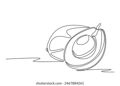 Single continuous line drawing of whole and sliced healthy organic avocado for orchard logo identity. Fresh fruitage concept for fruit garden icon. Dynamic one line graphic design vector illustration