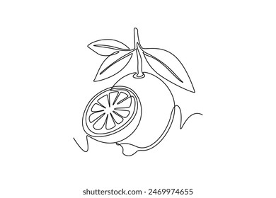 Single continuous line drawing of whole and sliced healthy organic lemon for orchard logo identity. Fresh zest fruitage concept for fruit garden icon. One line draw graphic design vector illustration