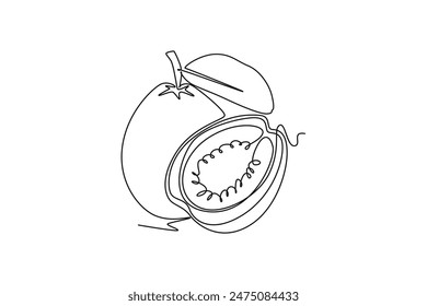Línea única continua que dibuja la guayaba orgánica sana entera y media rebanada para la identidad del logotipo del huerto. Concepto de fruta fresca para el icono del jardín. Ilustración vectorial de Diseño gráfico de dibujo dinámico de una línea