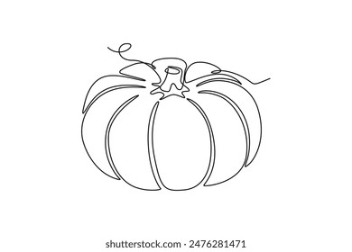 Single continuous line drawing whole big round healthy organic pumpkin for orchard logo identity. Fresh fall fruitage concept for fruit garden. Dynamic one line draw graphic design vector illustration