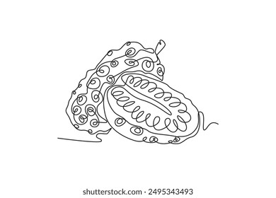 Single continuous line drawing whole half sliced healthy organic noni for orchard logo identity. Fresh tropical fruitage concept for fruit garden icon. One line draw graphic design vector illustration