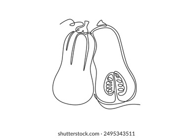 Single continuous line drawing of whole and sliced healthy organic butternut pumpkin for farm logo identity. Winter squash concept for vegetable icon. One line draw graphic design vector illustration