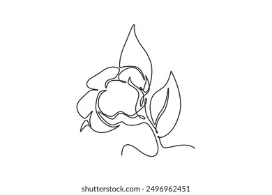 Single continuous line drawing of whole soft and fluffy cotton flower for farming logo identity. Staple fiber flower concept for garden icon. Dynamic one line draw graphic design vector illustration