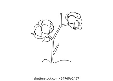 Single continuous line drawing of whole soft and fluffy cotton flower for farming logo identity. Staple fiber flower concept for garden icon. Dynamic one line draw graphic design vector illustration