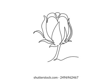 Single continuous line drawing of whole soft and fluffy cotton flower for farming logo identity. Staple fiber flower concept for garden icon. Dynamic one line draw graphic design vector illustration