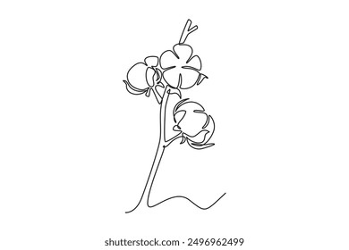 Single continuous line drawing of whole soft and fluffy cotton flower for farming logo identity. Staple fiber flower concept for garden icon. Dynamic one line draw graphic design vector illustration