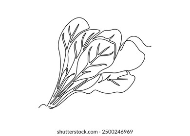 Single continuous line drawing of whole healthy organic green spinach leaves for farming logo identity. Fresh plant concept for edible vegetable icon. One line draw graphic design vector illustration