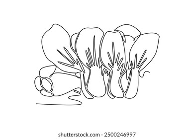 Einzelne durchgehende Linie Zeichnung von ganzen gesunden Bio-grünes Buch Choy für Bauernhof Logo Identität. Frische chinesische pakchoy Blätter Konzept für Gemüse-Ikone. Grafisches Design, Vektorgrafik mit einer Linie