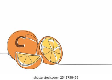 Single continuous line drawing a whole orange with the letter C in the middle. This fruit is very famous for its vitamin C content. Healthy. National Vitamin C Day. One line design vector illustration