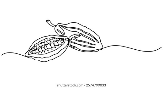 Single continuous line drawing of whole healthy organic cocoa bean for plantation logo identity. Fresh cacao concept for chocolate shop icon, Pro Vector, Continuous one line drawing of whole healthy.