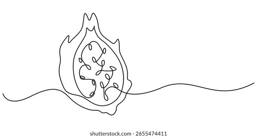 Línea continua única que dibuja la fruta orgánica sana entera del dragón para la identidad del logotipo del huerto. Concepto de fruta de dragón fresca para el icono del jardín de frutas, continua una sola línea mínima de fruta del dragón, pitaya.
