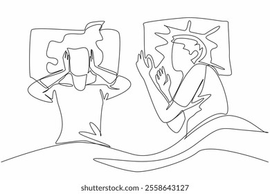 Single continuous line drawing the wife covered both her ears with both her hands. Cannot sleep. Very loud noise disturbance. Tired. Sleepy. Stop Snoring Week. One line design vector illustration