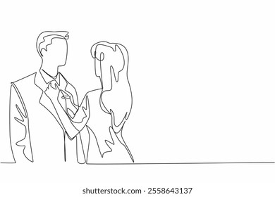 Single continuous line drawing wife adjusts her tie position of husband. Get ready for a super romantic dinner at a classic restaurant. Husband Appreciation Day. One line design vector illustration