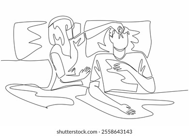 Single continuous line drawing wife covers nose of husband with clothespin. Sleep disorders can come from anywhere. Struggling to fall asleep. Stop Snoring Week. One line design vector illustration