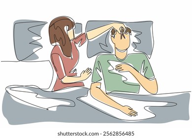 Single continuous line drawing wife covers nose of husband with clothespin. Sleep disorders can come from anywhere. Struggling to fall asleep. Stop Snoring Week. One line design vector illustration