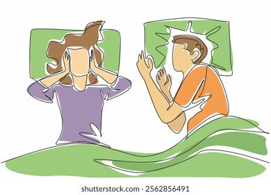 Single continuous line drawing the wife covered both her ears with both her hands. Cannot sleep. Very loud noise disturbance. Tired. Sleepy. Stop Snoring Week. One line design vector illustration