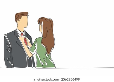 Single continuous line drawing wife adjusts her tie position of husband. Get ready for a super romantic dinner at a classic restaurant. Husband Appreciation Day. One line design vector illustration